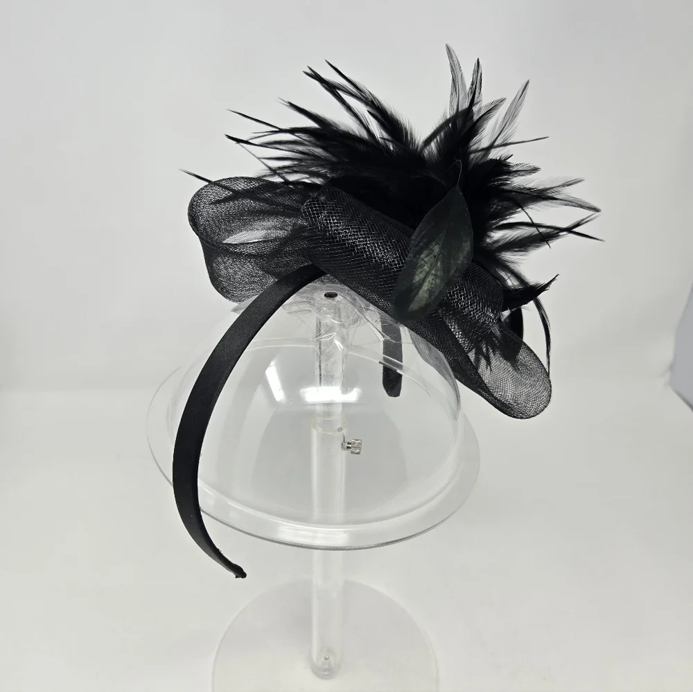 VINTAGE HANDMADE BLACK FASCINATOR HEADBAND HAIR ACCESSORY TULLE FEATHERS WOMEN